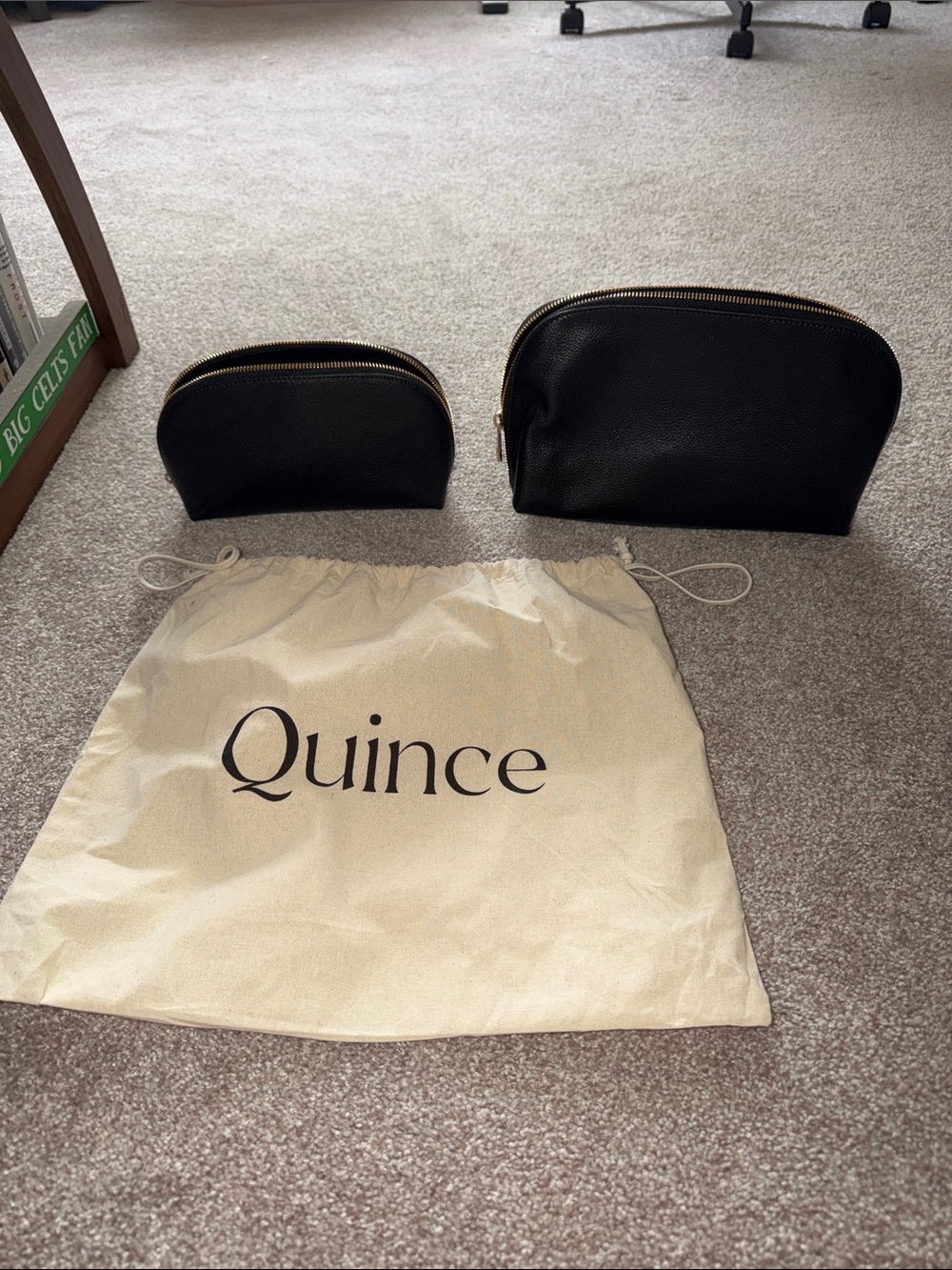 Quince Black Pebbled Leather Cosmetic Pouch Duo with Gold Zippers